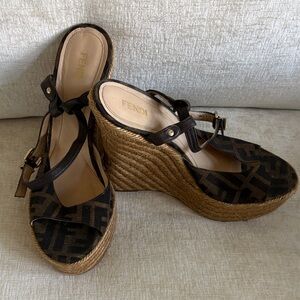Fendi Black and Brown Wedge Espadrilles